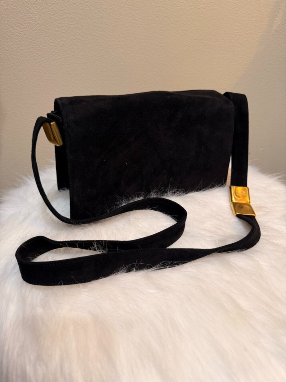 Donna Karan Black Flap Crossbody Bag Gold Accent Strap